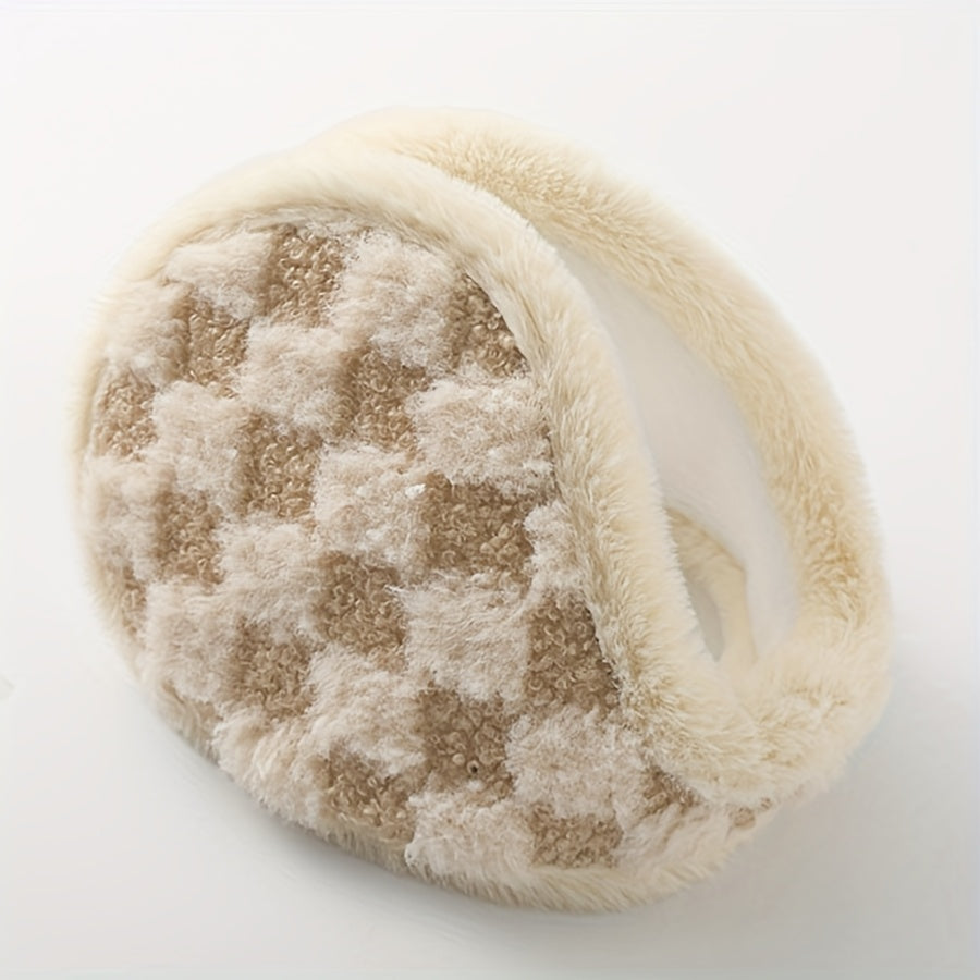 Women's Plush Earmuffs Soft Checkered Pattern Windproof & Warm Fit Cold Weather