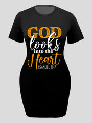  Art Letter Print Tee Dress Short Sleeve Round Neck Dress