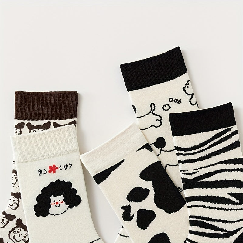 5 Pairs Cartoon Pattern Socks Comfy & Mid Tube Socks Women's Stockings