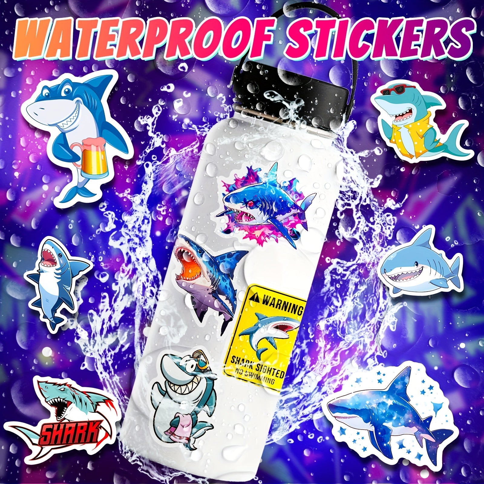 50Pcs Ocean Shark Sticker Cartoon Fierce Shark Marine Life Sticker