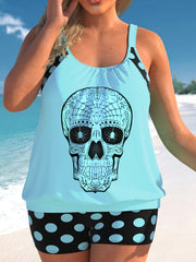  Gothic Tankini Set Spider Skull & Polka Dot Print Scoop Neck