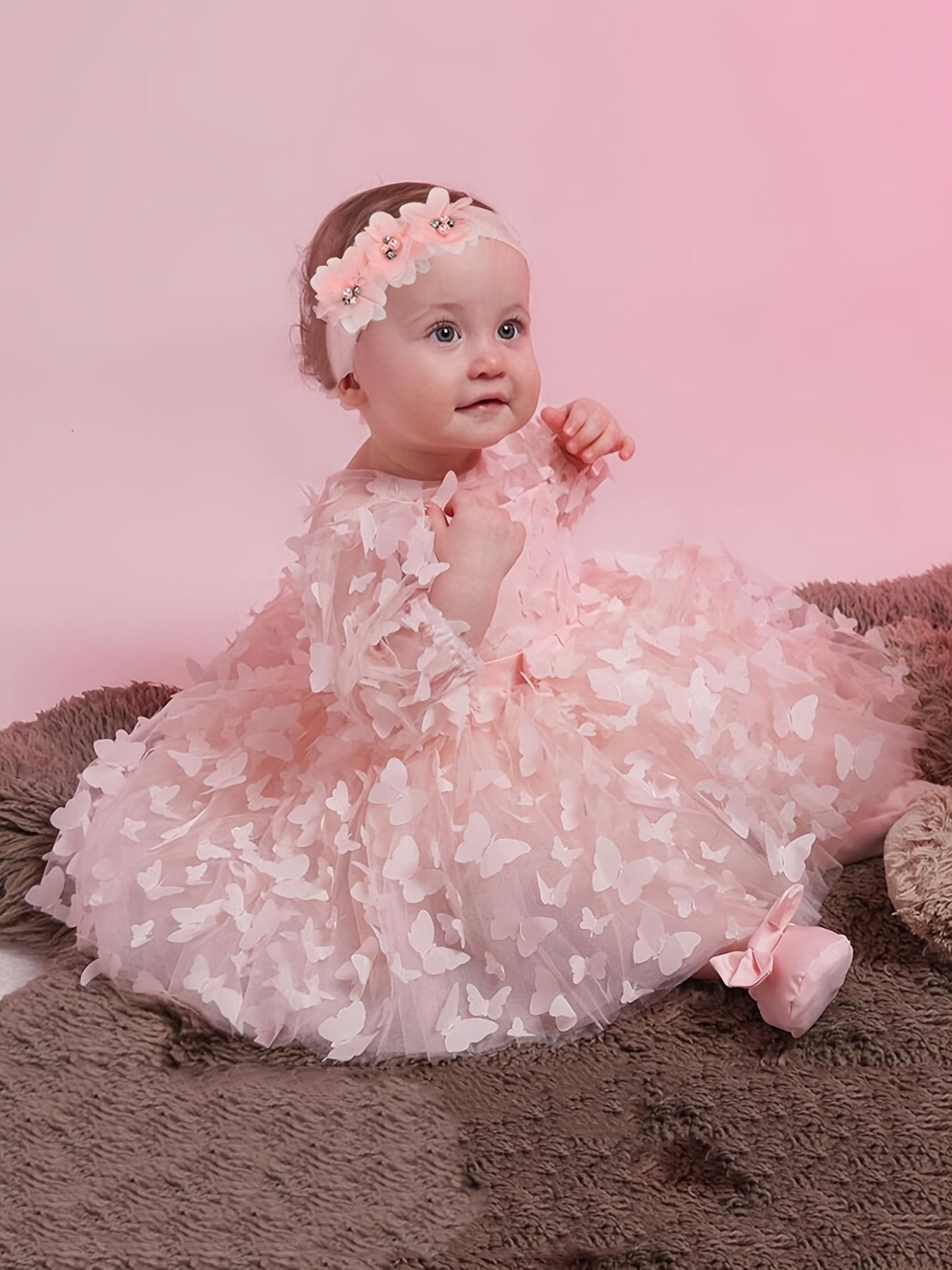2pcs Baby Girls Butterfly Mesh Long Sleeve Dress & Headband Set