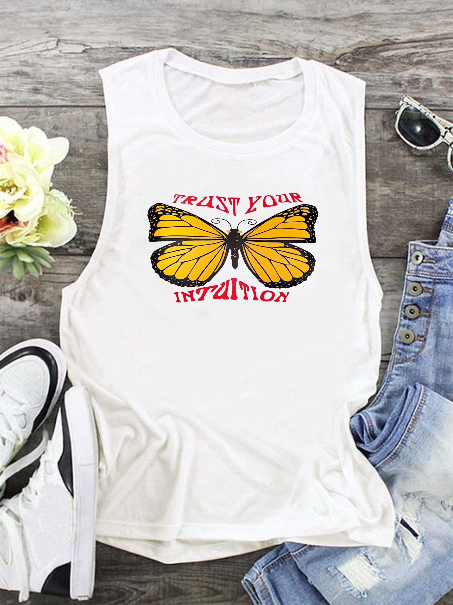 Butterfly & Letter Print Tank Top Crew Neck Sleeveless Top