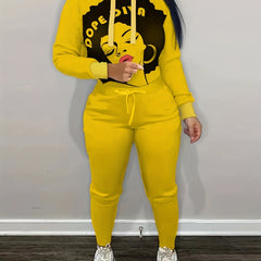  Cartoon Print Hoodie & Pants Set
