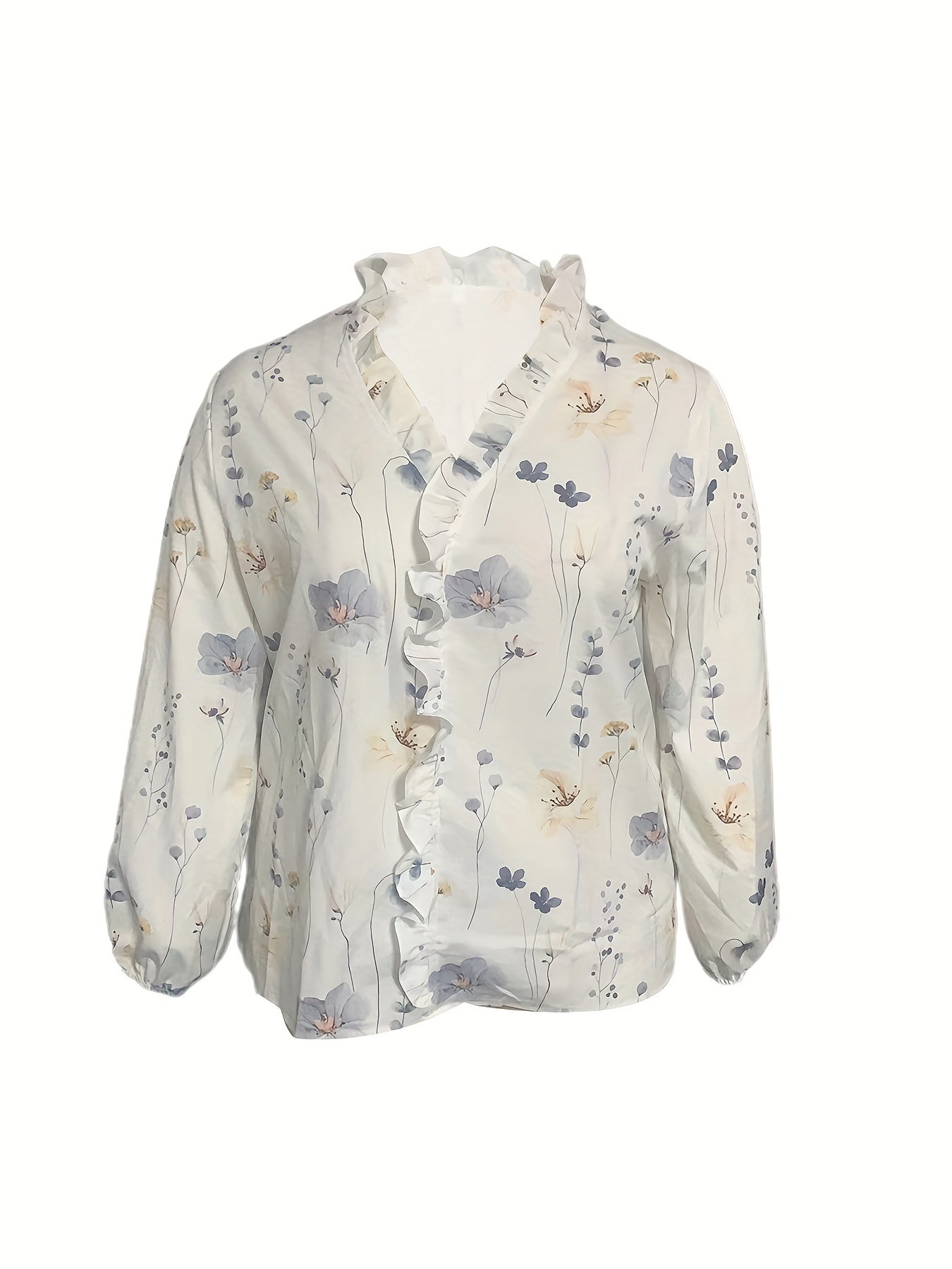Plus Floral Print Lantern Sleeve V Neck Shirt