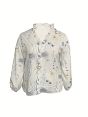 Plus Floral Print Lantern Sleeve V Neck Shirt