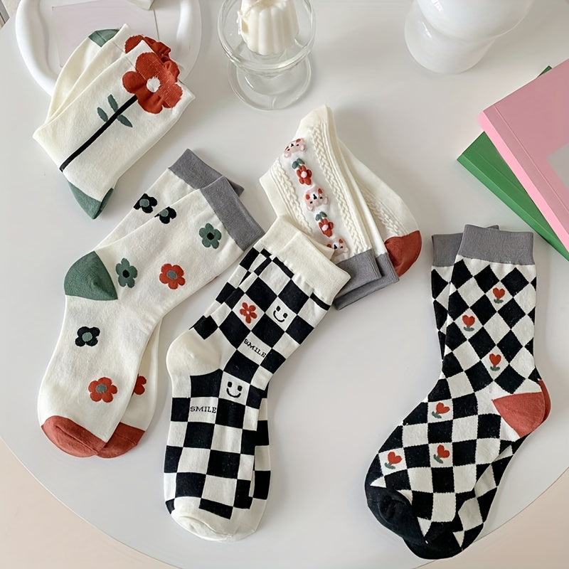 5 Pairs Floral Print Socks Mid Tube Women's Stockings & Hosiery