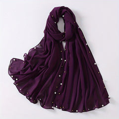 Chiffon Scarf Faux Pearl Rhinestone Hijab Solid Shawl Head Wrap Bandana