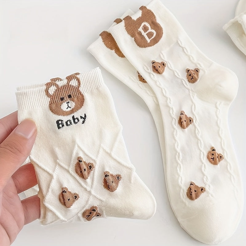 5 Pairs Cartoon Bear Print & Breathable Mid Tube Socks Women's Stockings