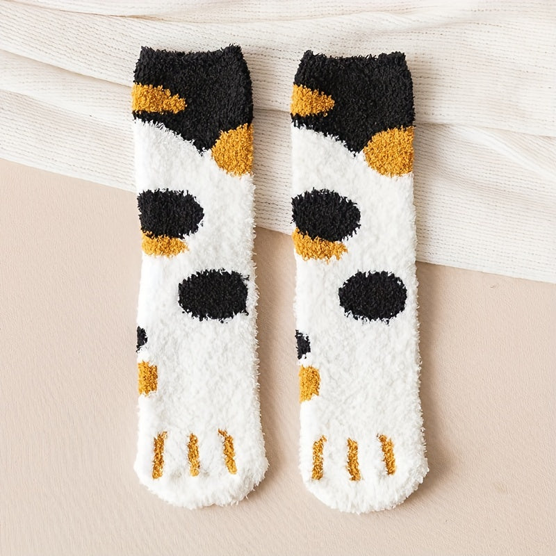 3 Pairs Cat Claw Print Socks Fuzzy & Warm Women's Stockings