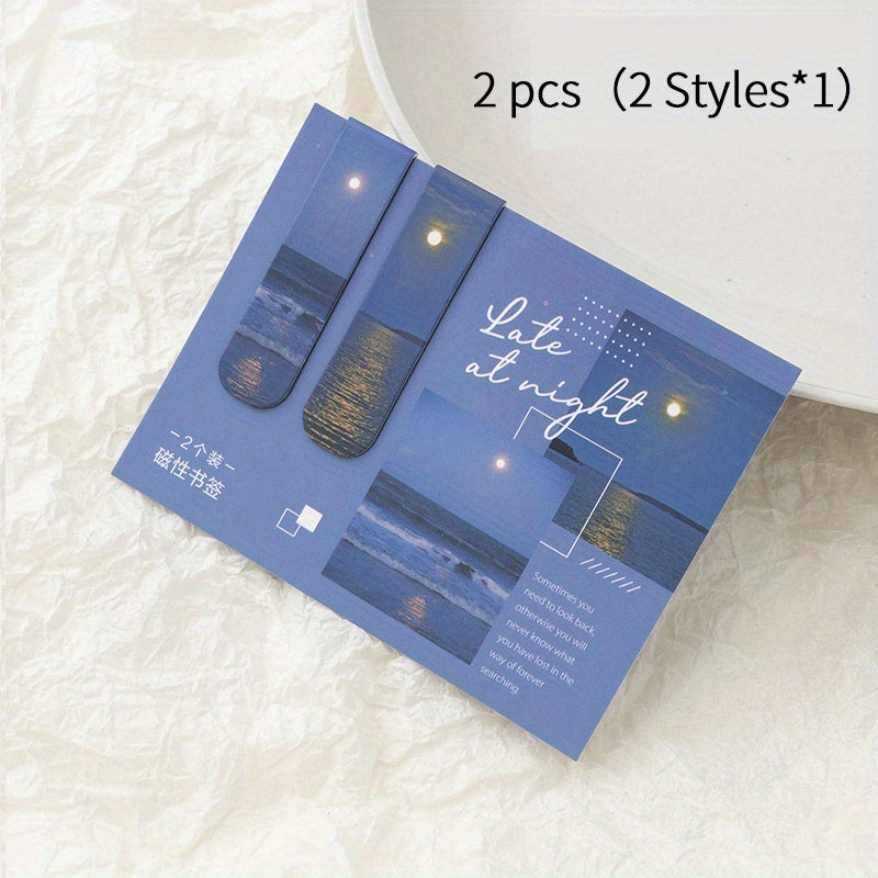 2pcs Magnetic Bookmark Scenery Clouds Literary Pattern Reading Tool