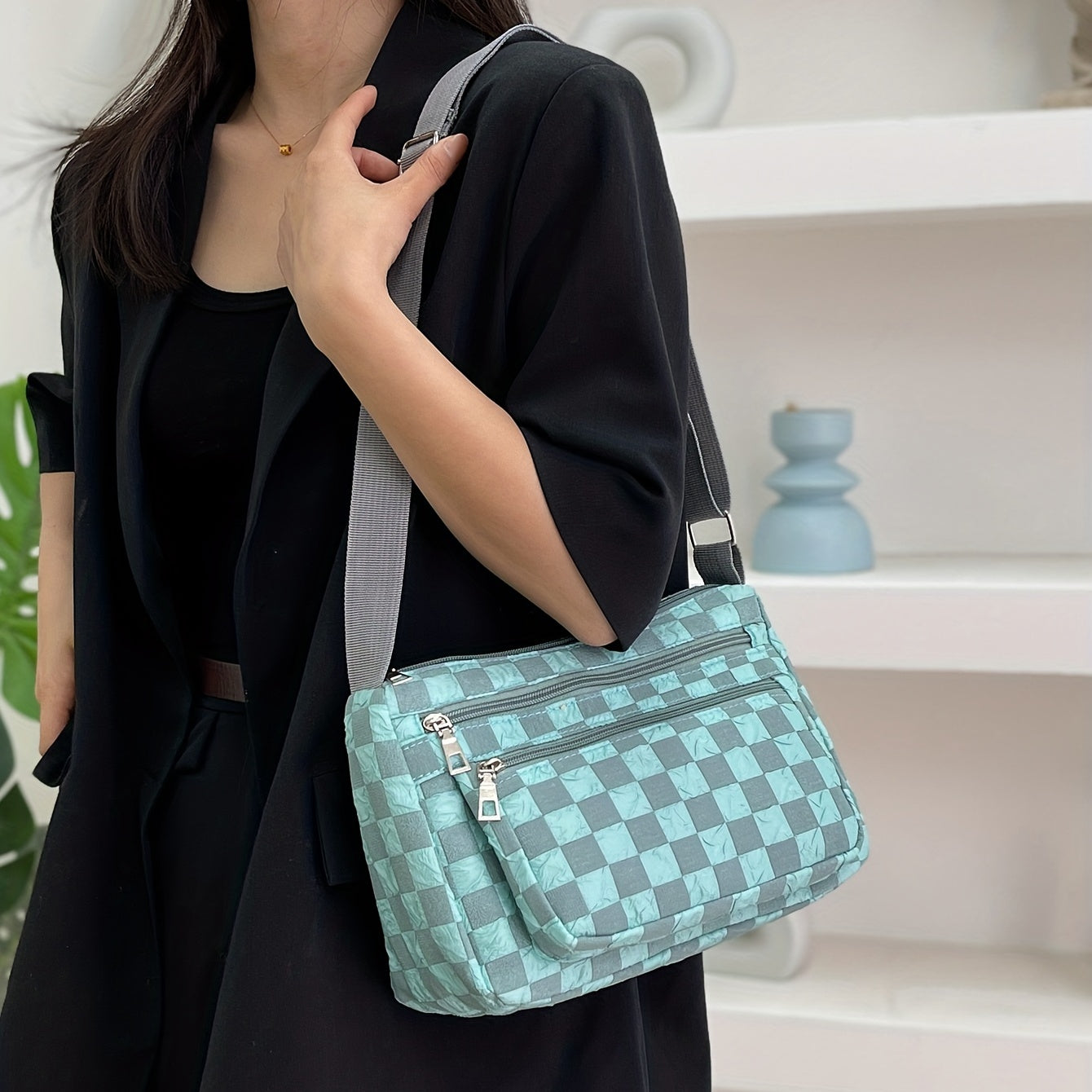 Checkerboard Crossbody Bag Nylon Shoulder Bag