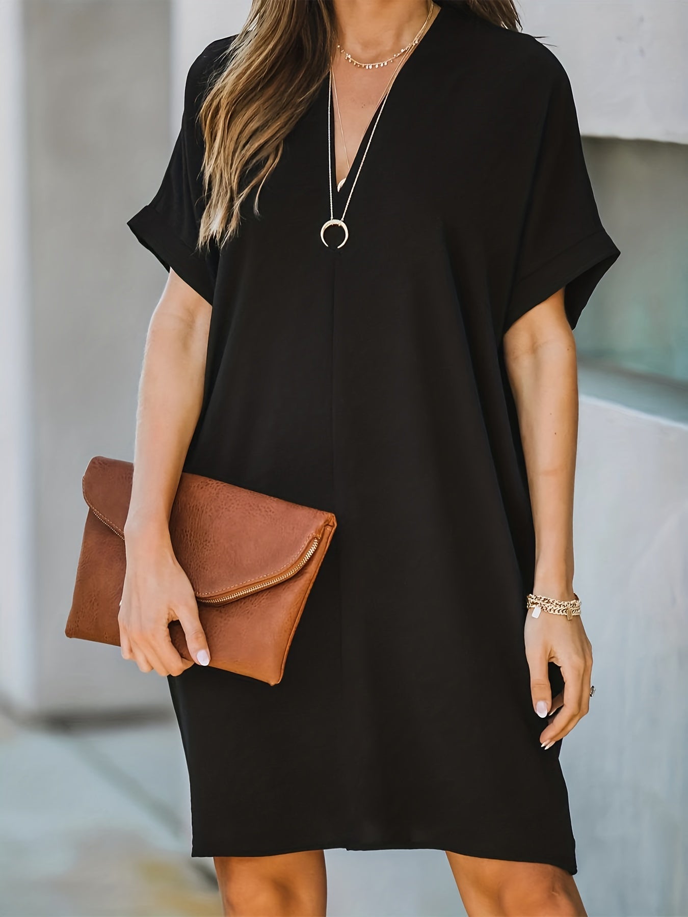 Solid V Neck Dress Short Sleeve Comfy Summer Mini Dress Women's Clothing