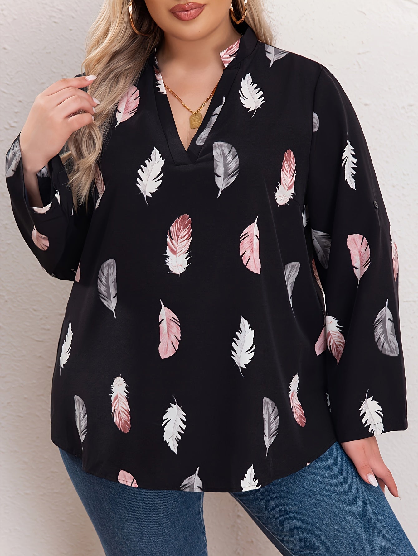  Feather Print Long Sleeve Top