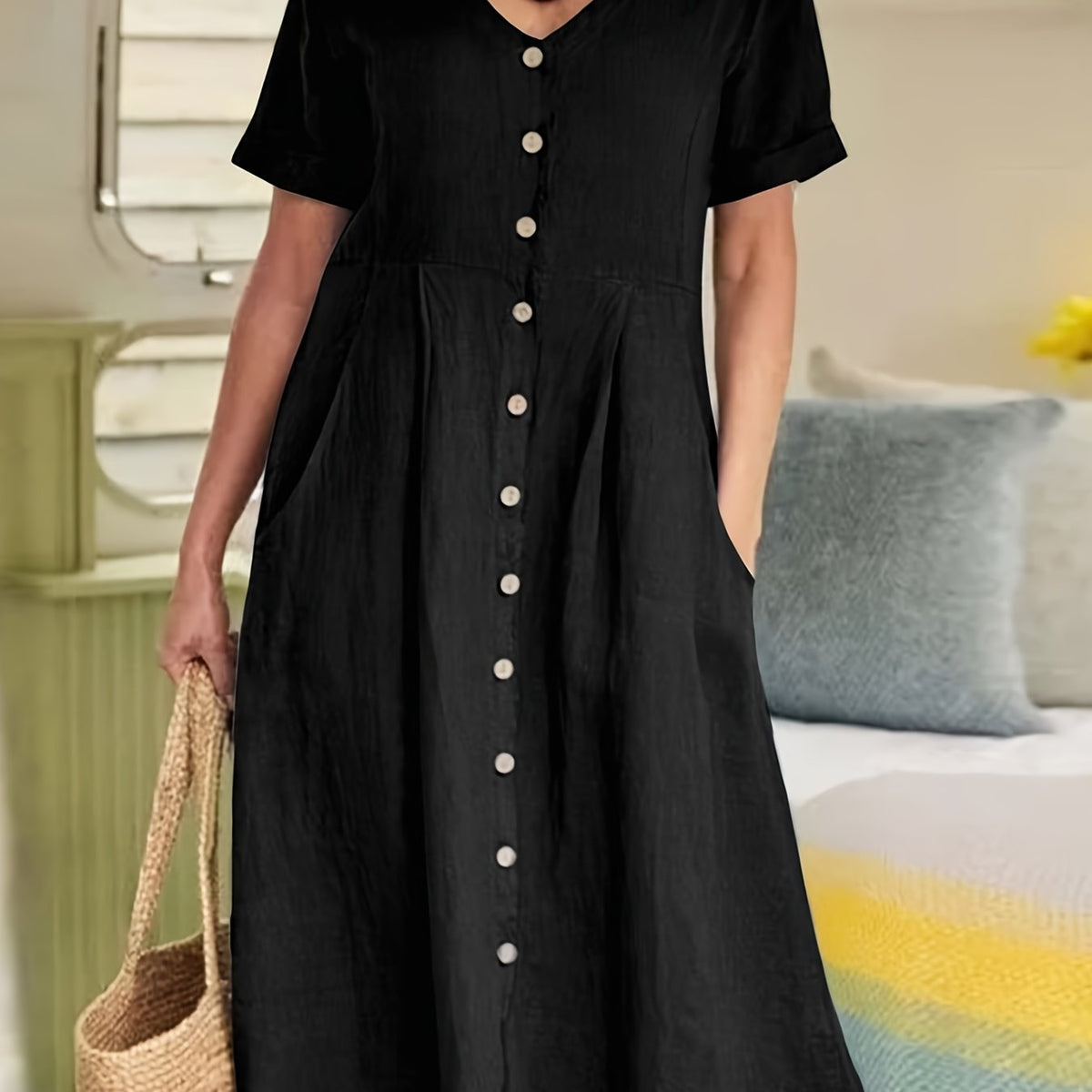  Women's V Neck Loose Fit Dress