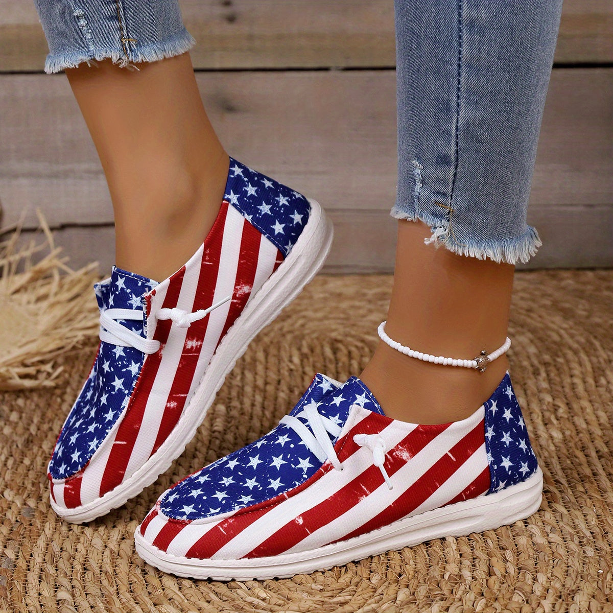 Women's Flag Pattern Elements Sneakers Low Top Slip-On Canvas Shoes Independence