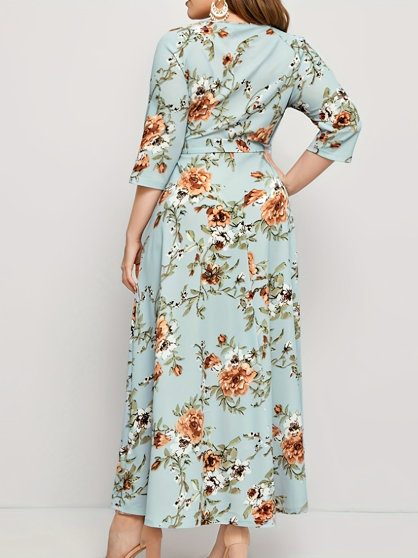 Floral Print Maxi Dress with Belt for Plus Size Women