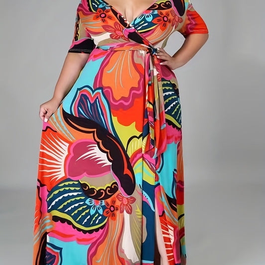  Floral Print Short Sleeve Wrap Dress With Belt