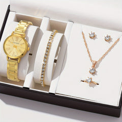 6pcs Roman Golden Steel Band Quartz Watch Set