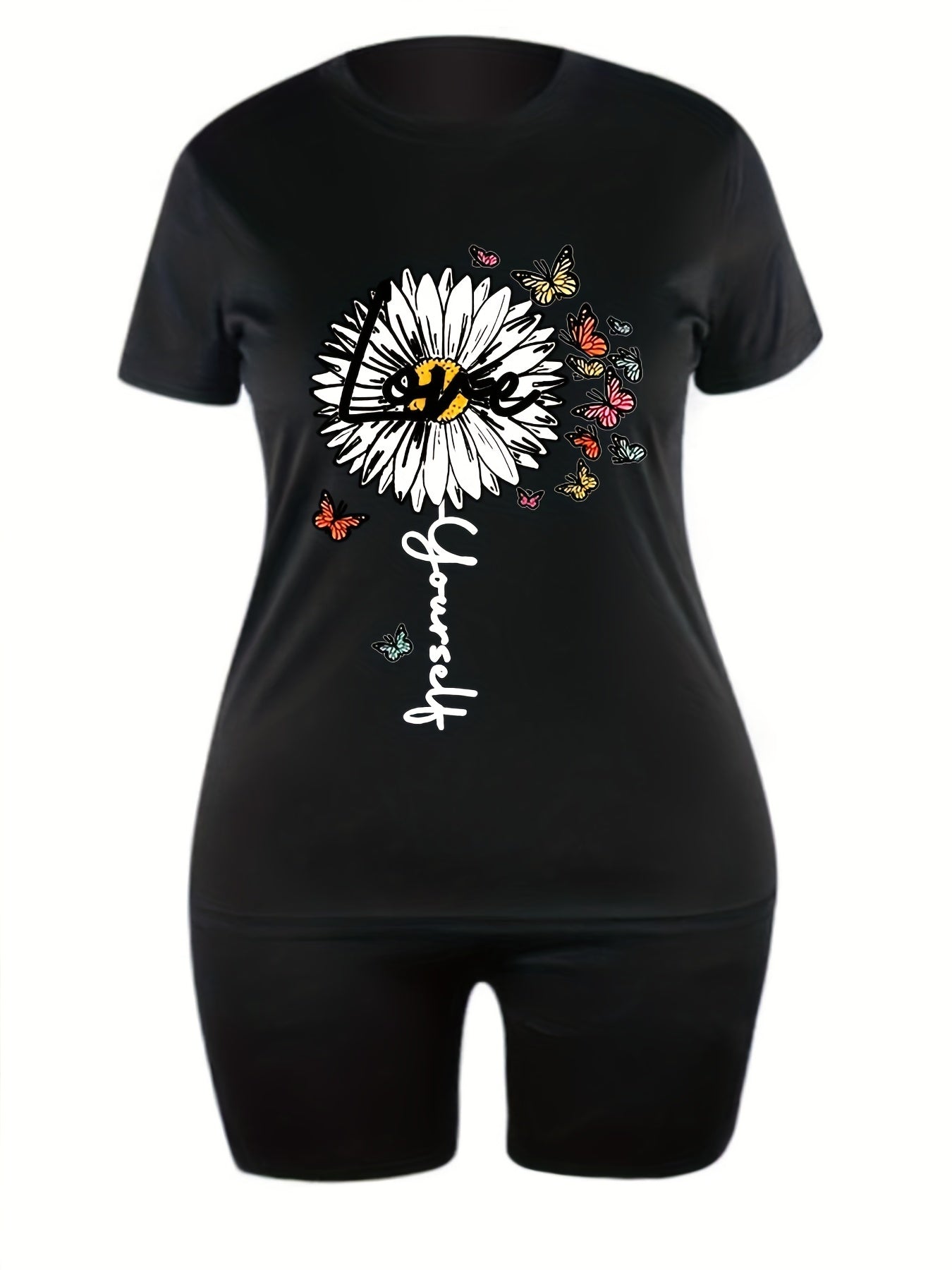  Butterfly & Letter Daisy Print Tee & Shorts Set