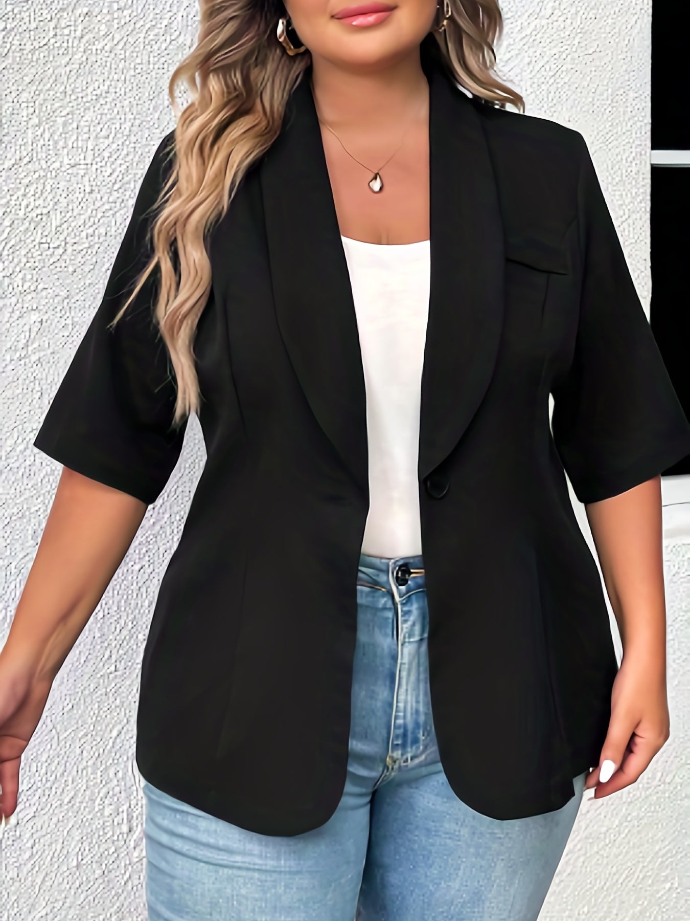  Casual Blazer Women's Solid Half Sleeve Shawl Neck Open Front Blazer