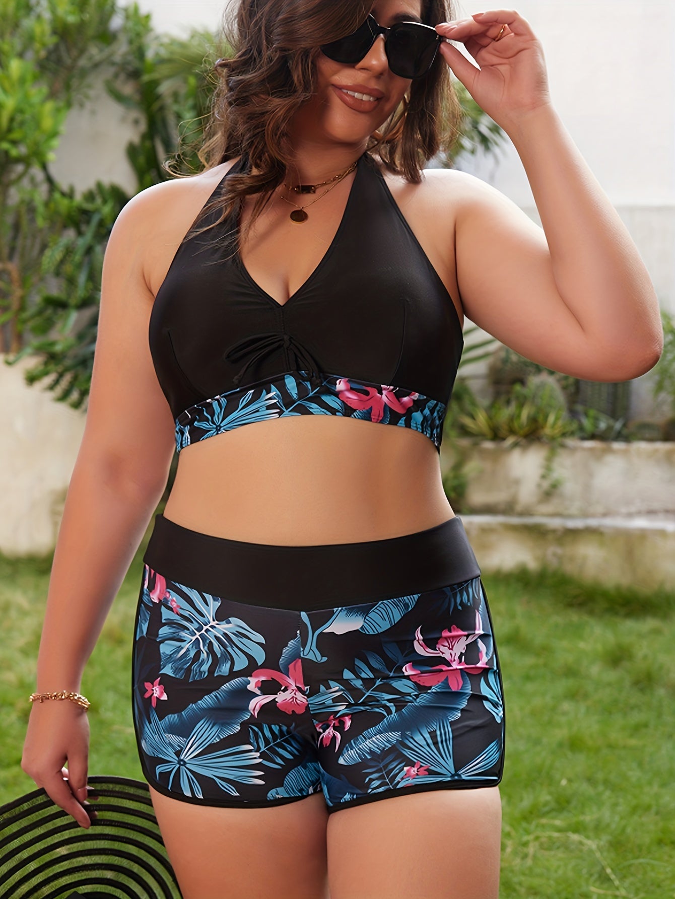  Tropical Print Tankini Set Halter Neck Bra & Shorts Two Piece