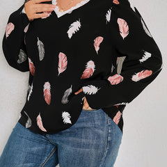  Blouse Women's Feather Print Long Sleeve V Neck Loose Top