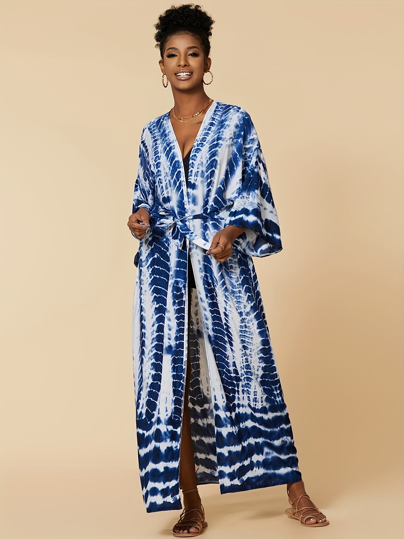 Tie Dye Cover Up Shirt V Neck Loose Fit Kimono Beachwear Boho Style Women's Swim