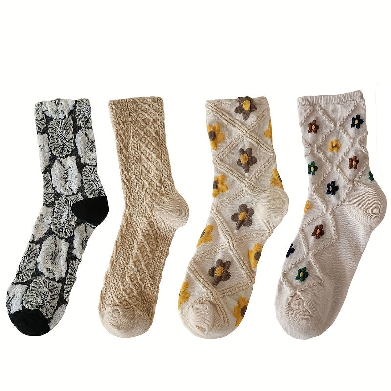 4 Pairs Floral Print Socks Soft Mid Tube Women's Stockings & Hosiery