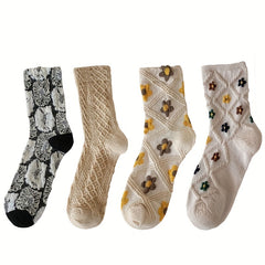 4 Pairs Floral Print Socks Soft Mid Tube Women's Stockings & Hosiery