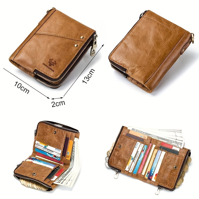 RFID Card Holder Leather Money Bag Double Zipper Male Clutch
