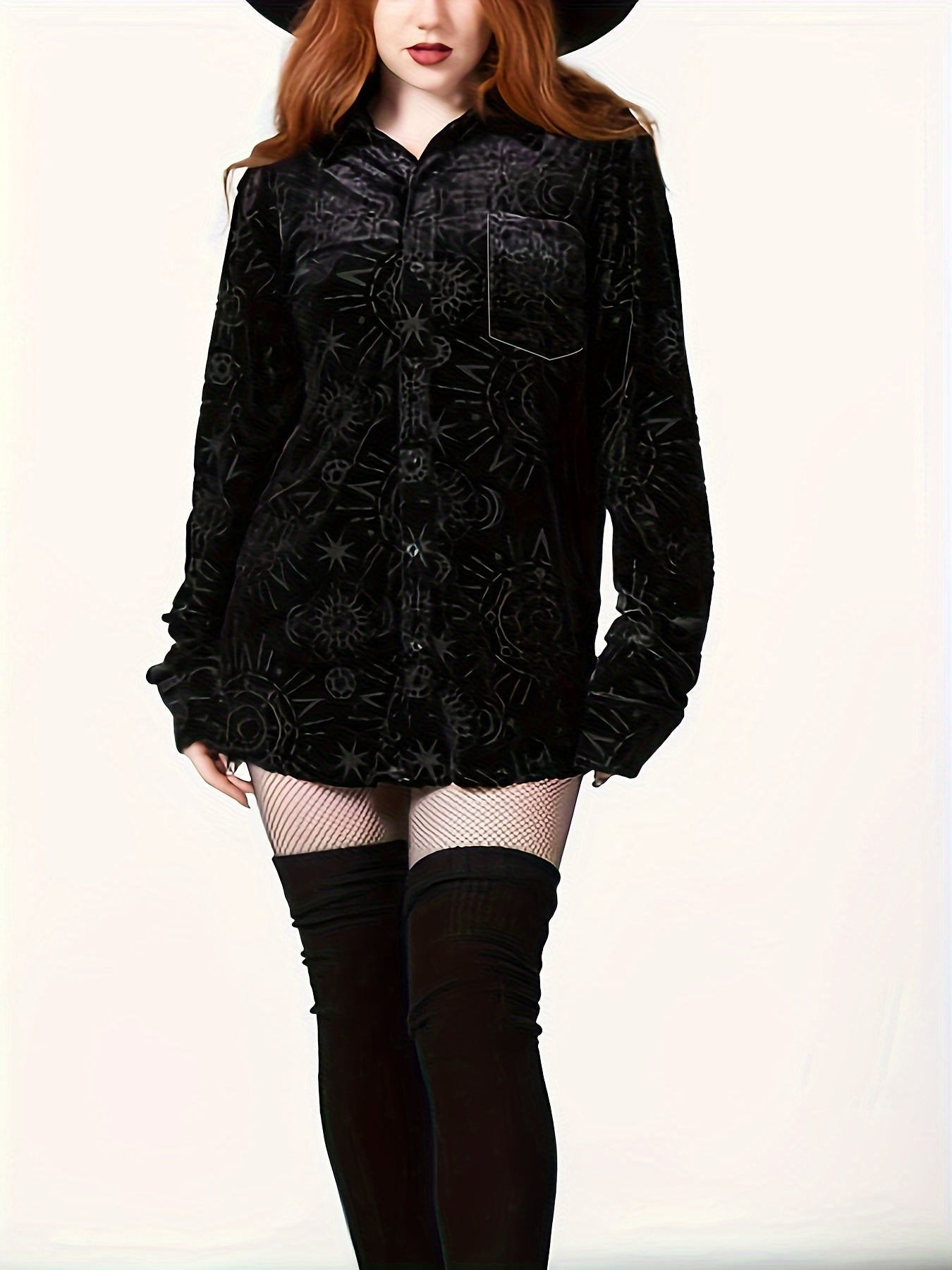  Gothic Blouse Women's Plus Moon Sun Print Long Sleeve Button Up Shirt