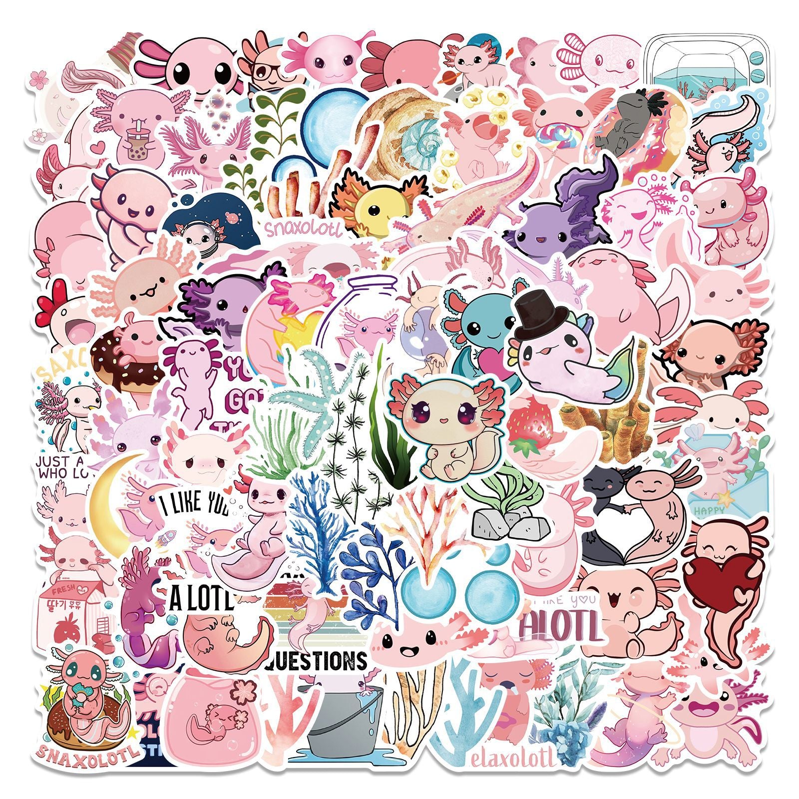 100 Axolotl Stickers Cartoon Anime Self Adhesive Waterproof Hand Bill Stickers