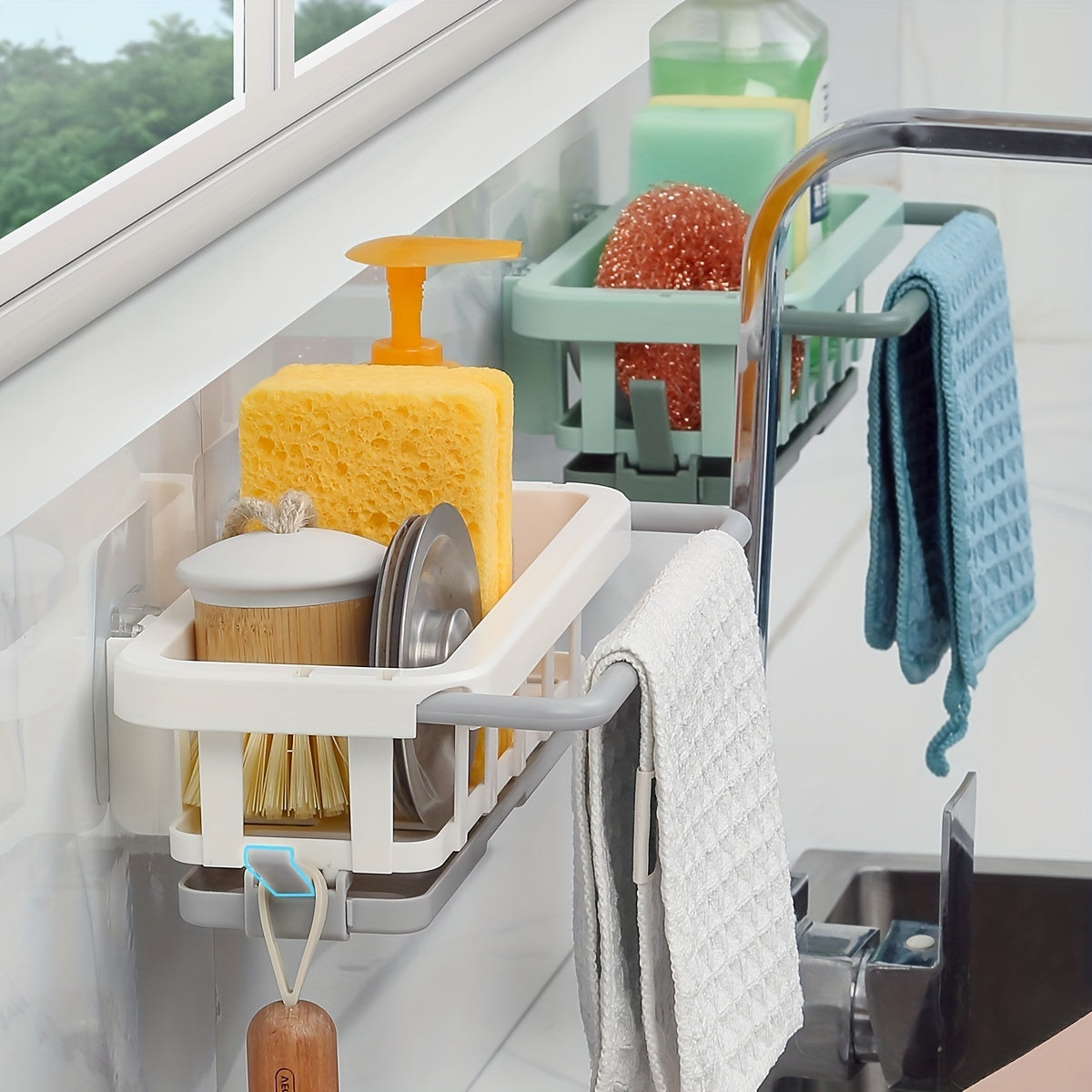 Sponge Holder for Kitchen Sink with Dish Brush Holder and Cloth Hanger