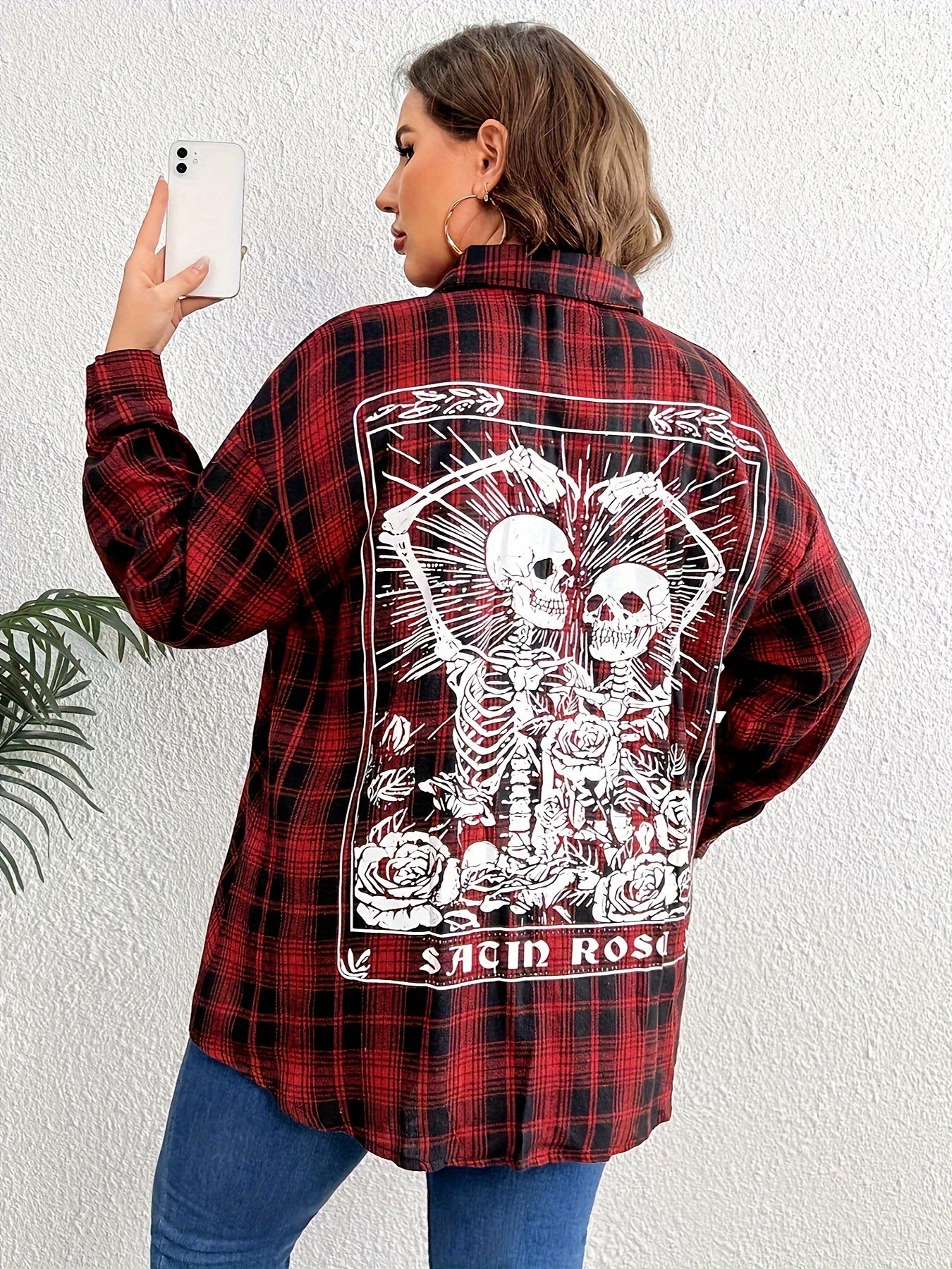  Casual Blouse Women's Plus Skull & Plaid Print Long Sleeve Shirt