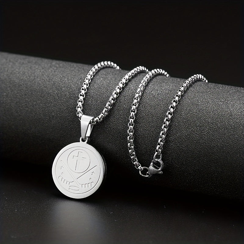 Men's Stainless Steel Ice Hockey Round Pendant Necklace