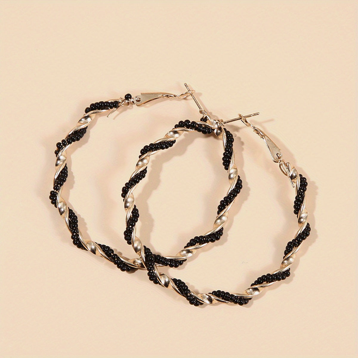 Boho Hoop Earrings With Beads Decor Stainless Steel Silver Plated Jewelry