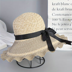Ruffle Brim Sun Hat with Bowknot, Crochet Straw Beach Hat