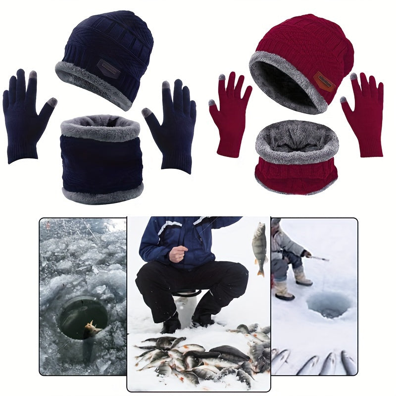 3pcs Unisex Winter Beanie Gloves Scarf Set Warm Touch Screen Retro