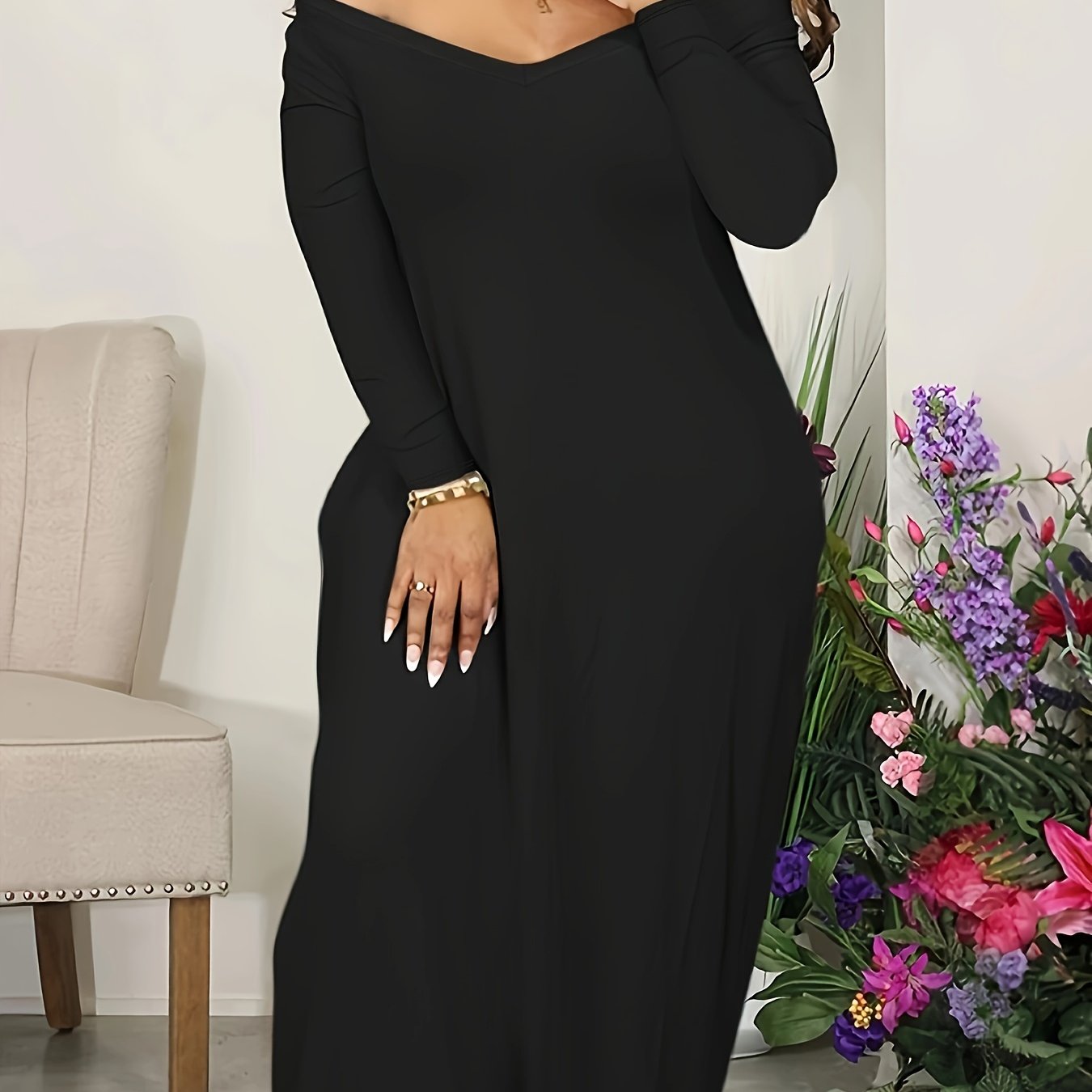  Solid Long Sleeve Off Shoulder Maxi Dress With Pockets