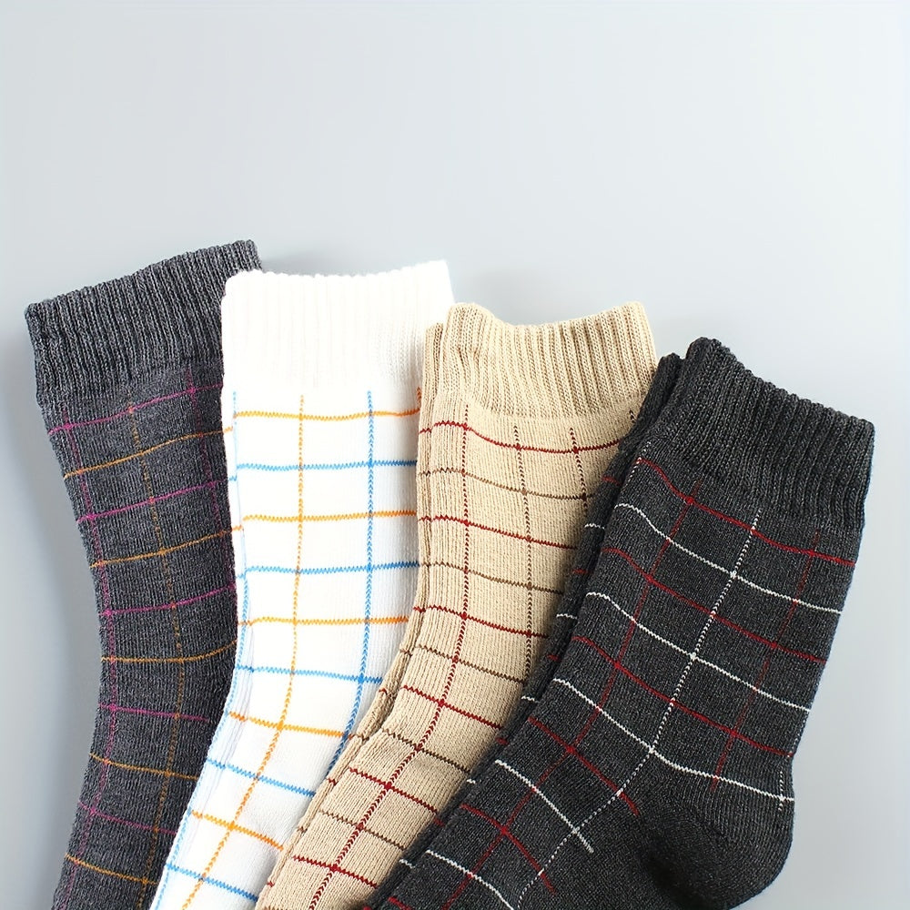 4 Pairs Plaid Crew Socks Soft Mid Tube Women's Stockings