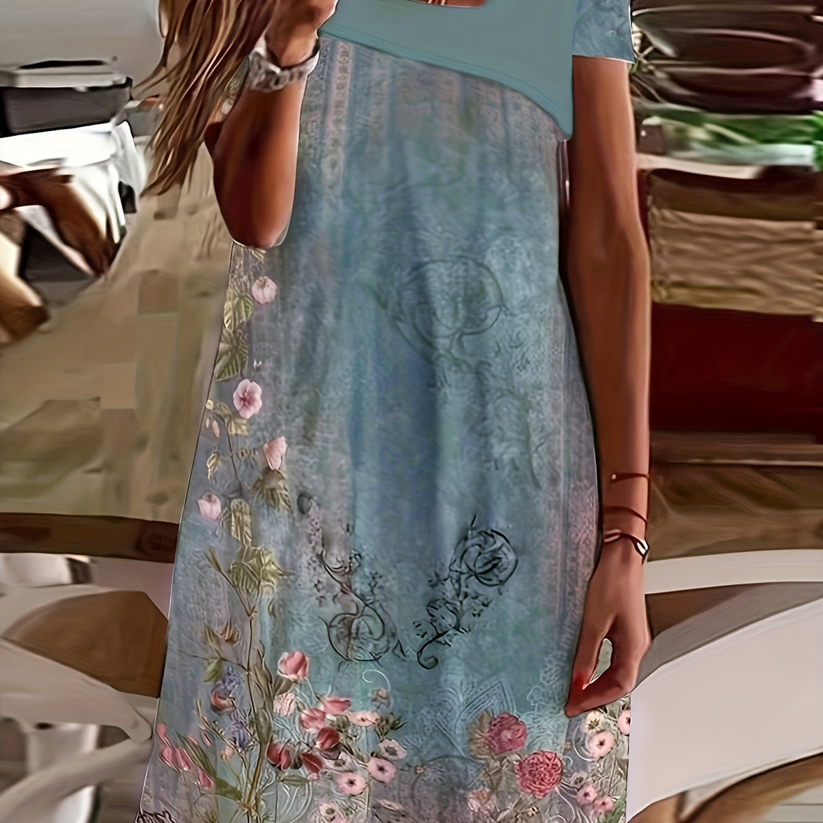  Floral Print Short Sleeve Casual Dress
