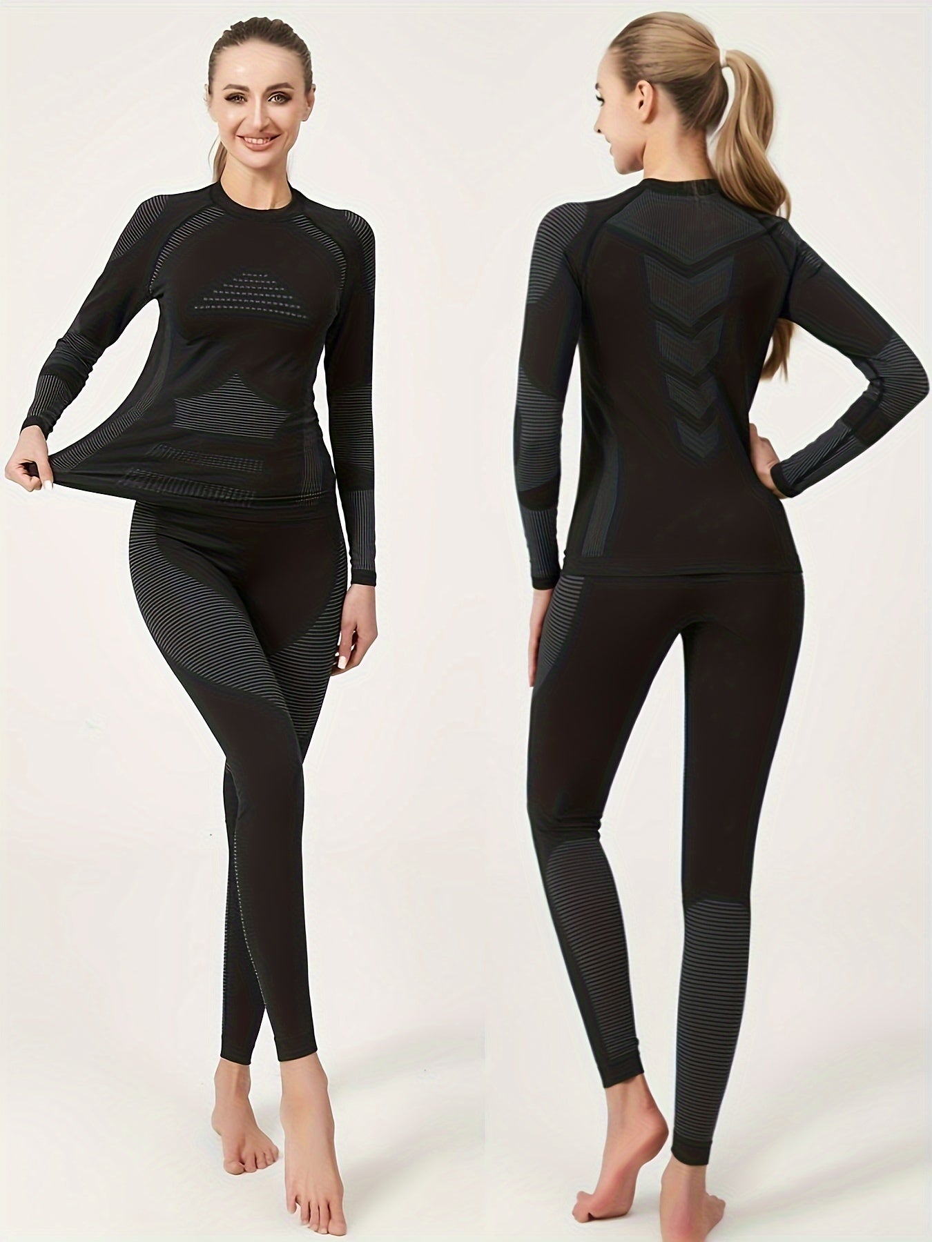 2Pcs Thermal Underwear Set Long Sleeve Round Neck Base Layer Top & Leggings