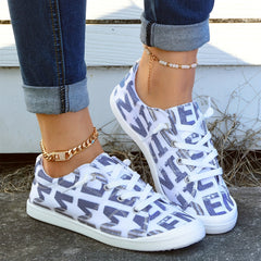 Women's Letter Print Canvas Shoes Low Top Lace Up Round Toe Casual Shoes