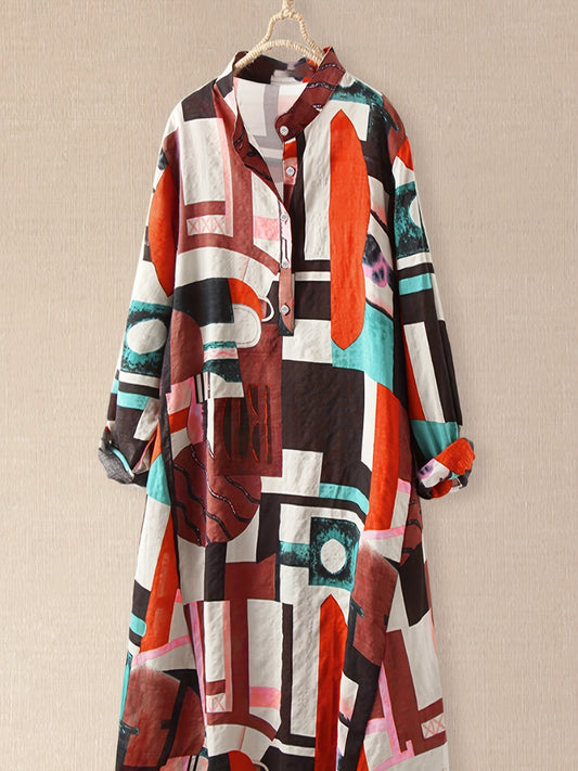  Colorblock Geometric Print Shirt Dress