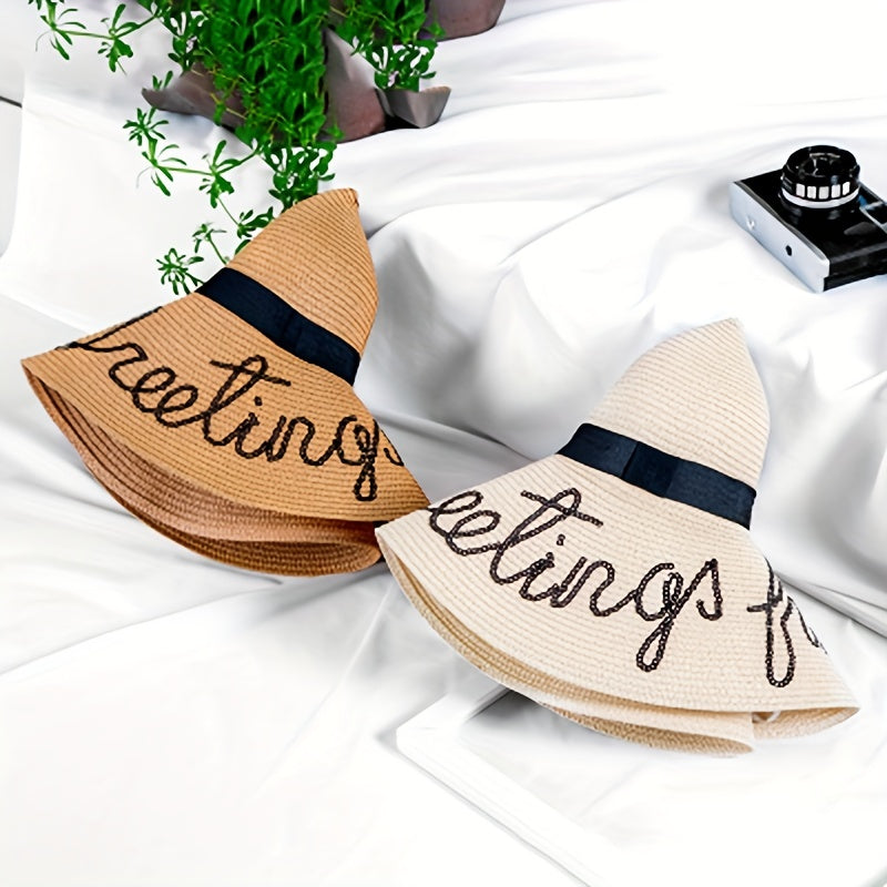 Sequin Letter Embroidery Floppy Straw Hat Wide Brim Travel Beach Hats