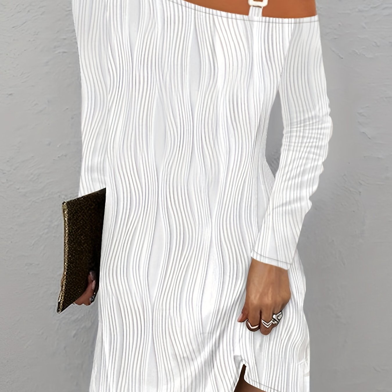 Casual Dress Women's Plus Solid Striped Metal Decor One Shoulder Dress