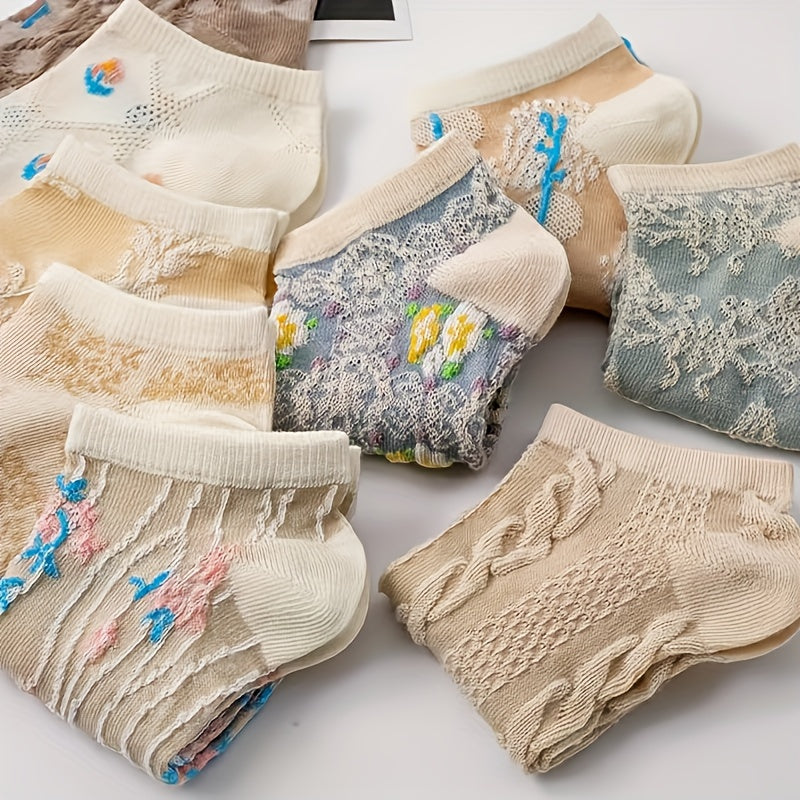 9 Pairs Floral Print Socks Retro Court Style Low Cut Ankle Socks