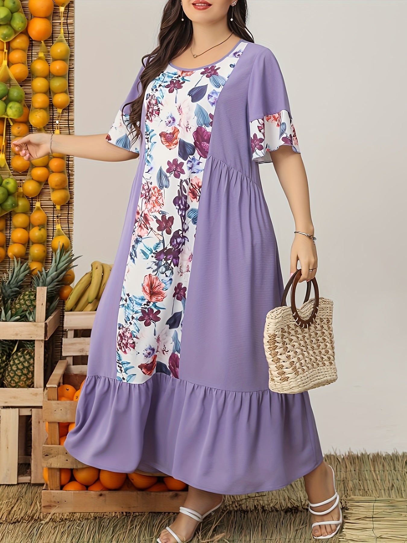  Colorblock Floral Print Butterfly Sleeve Maxi Dress