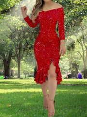  Solid Rhinestone Off Shoulder Bodycon Mermaid Dress
